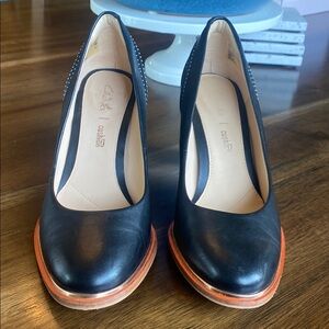 Clarks Women's Black Leather Heels with Gold Accent